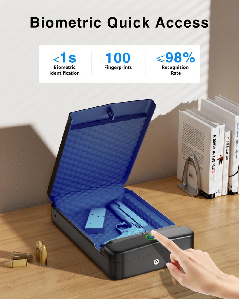 SOOWAY Gun Safe, Small Pistol Safe Biometric Gun Safe for Handgun, Portable Fingerprint Quick Access Gun Lock Box for Car Travel Nightstand Bedside - Image 2